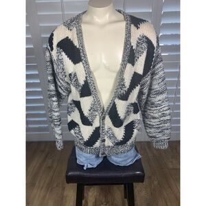 Vtg 80s Saturdays Geo Cardigan Sweater L Fall 88 Grandpa Black White Golf Prop
